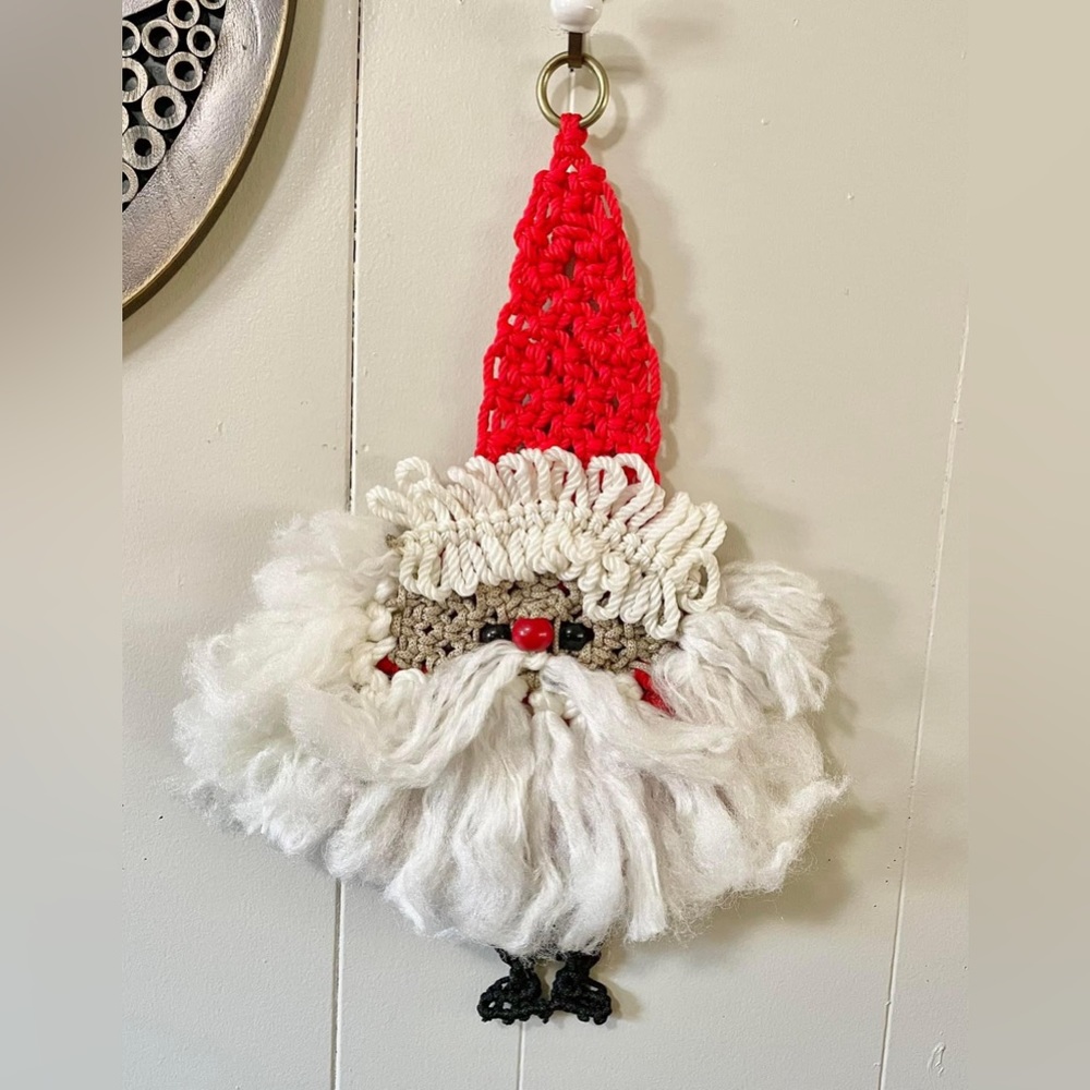 Vintage 1970s Handmade Macramé Santa Christmas Holiday Wall Hanging